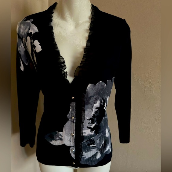 White House Black Market Sweaters - White House Black Market Black Cardigan with Gray Floral Print